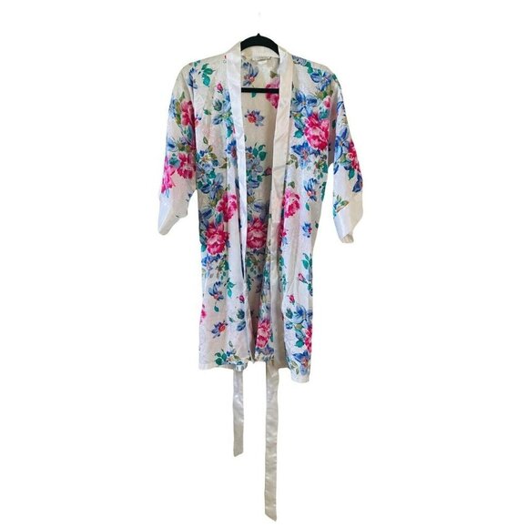 L.A. Intimates Womens‎ Medium Short Kimono Style Robe Pink Floral Satin Vibrant - Picture 1 of 6